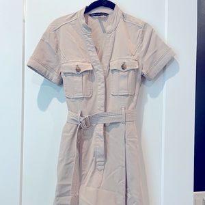 White House Black Market khaki, belted knee length fitted dress NWOT